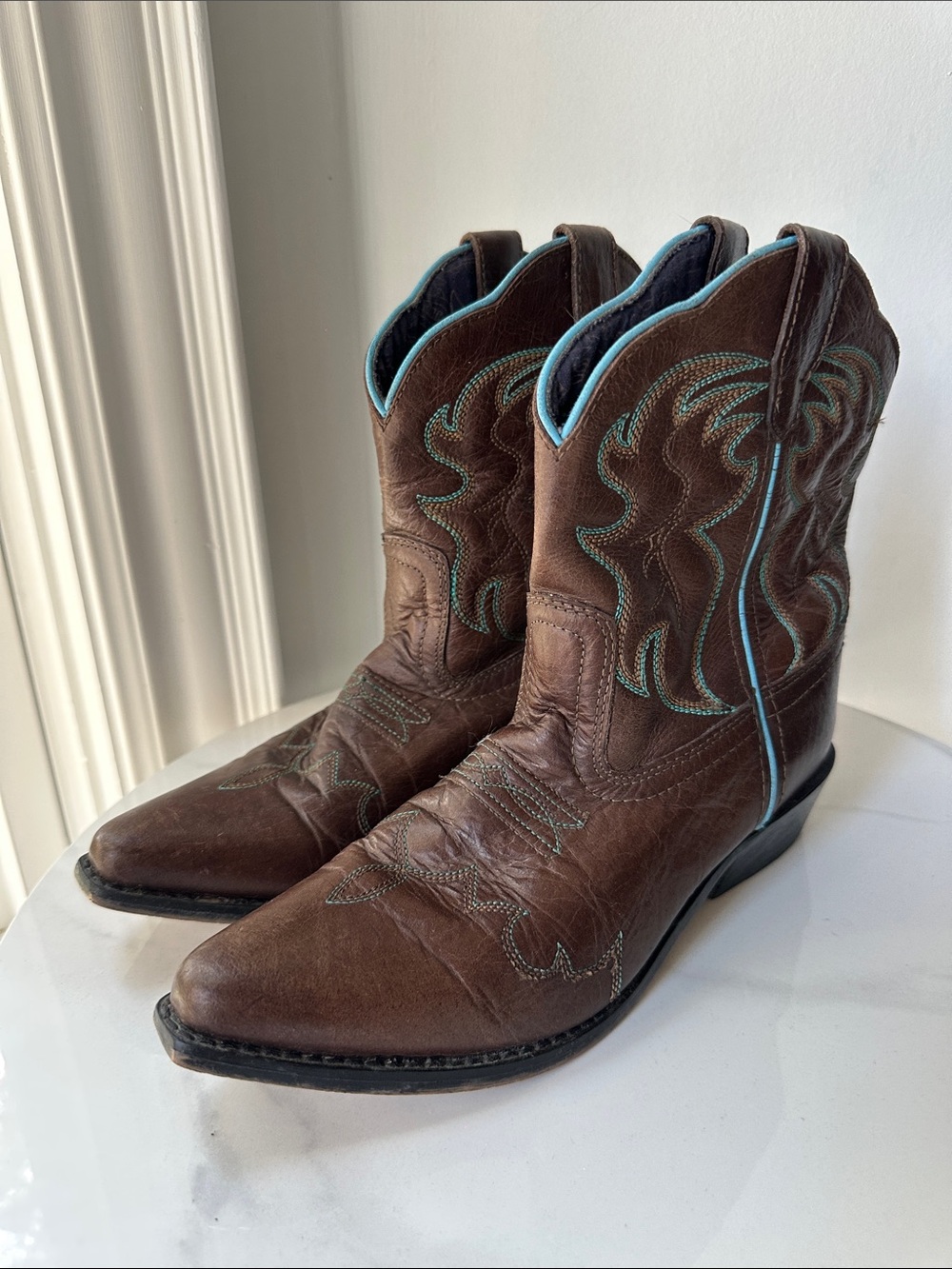 SMOKY MOUNTAIN BOOTS Brown Leather Western Cowboy Turquoise Youth 3.5 Girls Boys